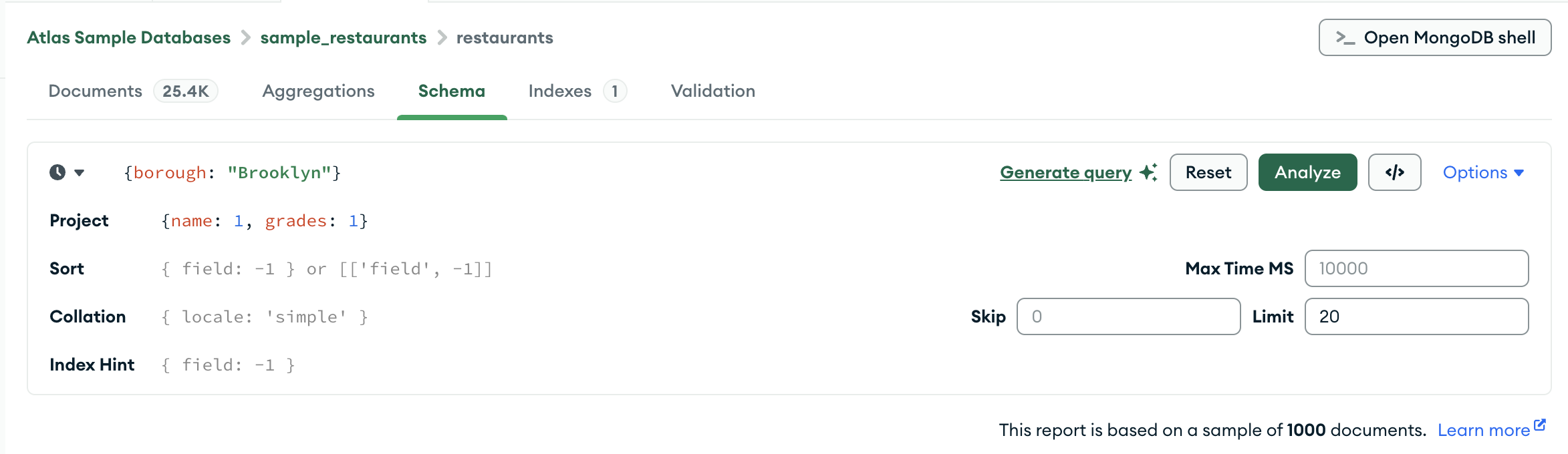 Query bar schema view